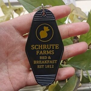 The Office Themed Black Motel Keychain That Says "Schrute Farms" NEW